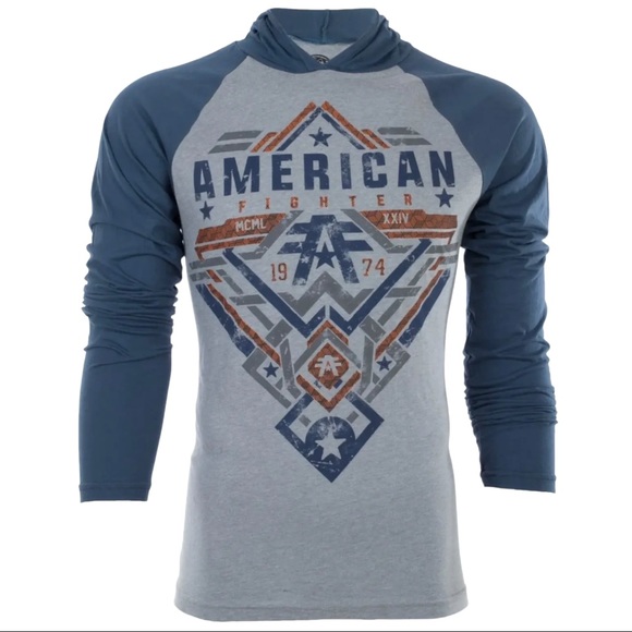 American Fighter Mens Long Sleeve Hoodie LANE shirt Premium Gray - Picture 2 of 9